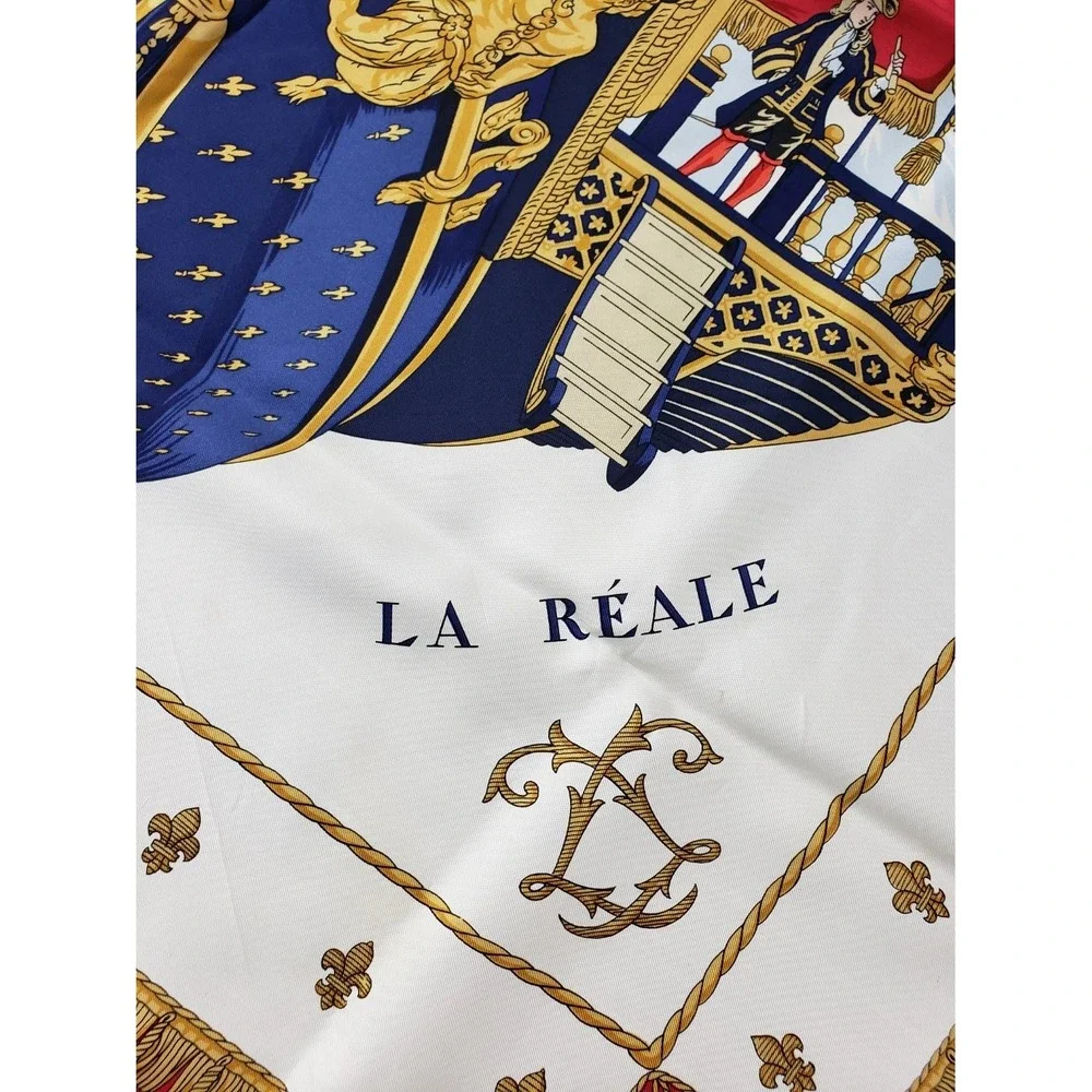 Hermès Vue du Carrosse de La Réale Silk Scarf 35x35 Red Navy Gold White
